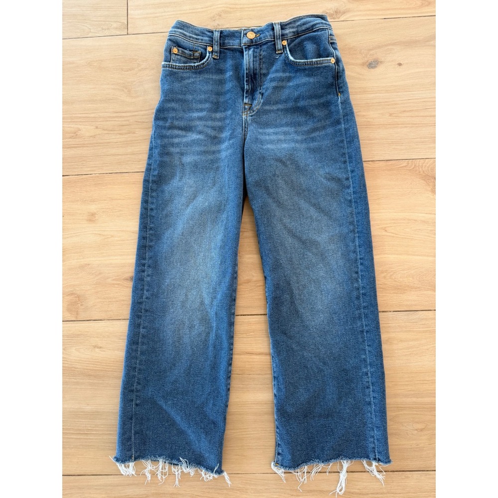 7 For All Mankind Blue Wide Leg Frayed Hem Jeans